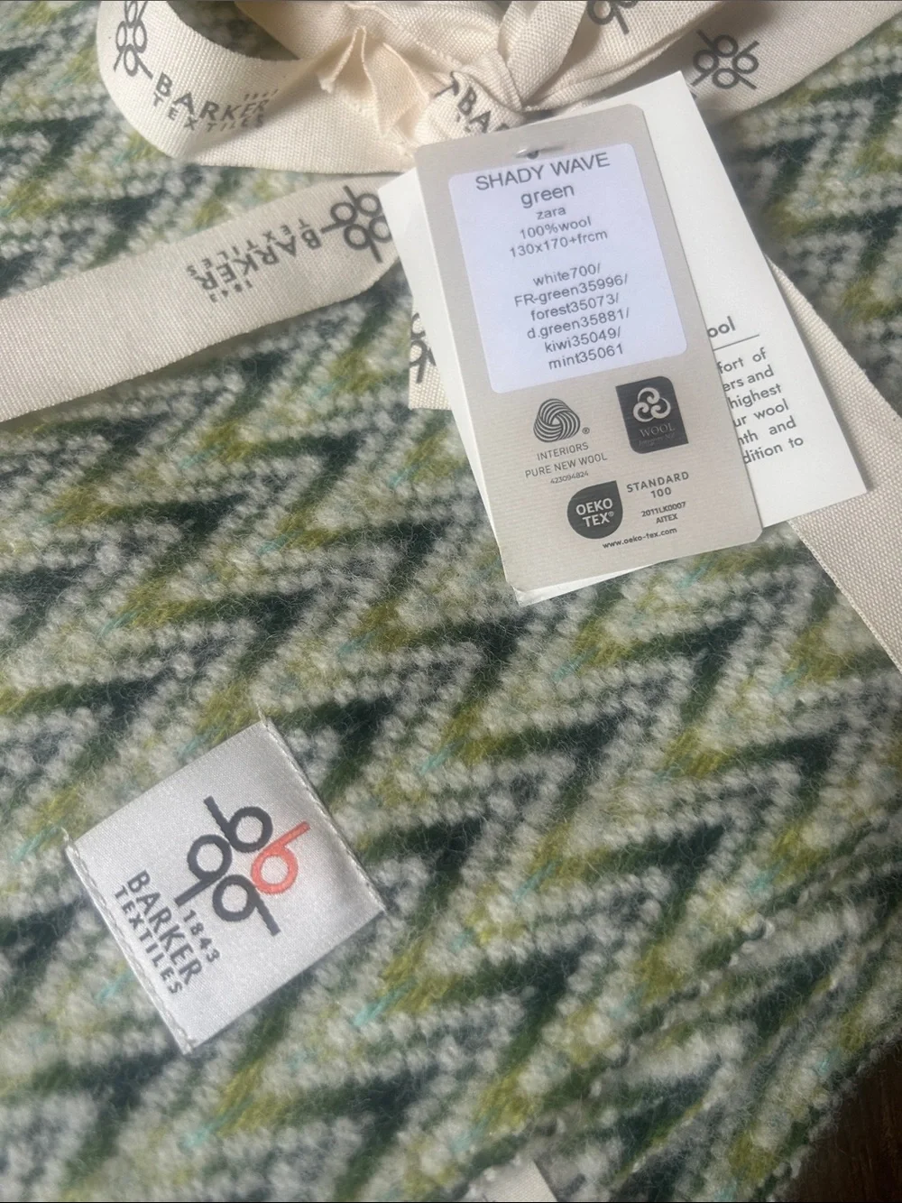 Barker Textiles Shady Wave Green 100% Wool Throw Blanket  NWT